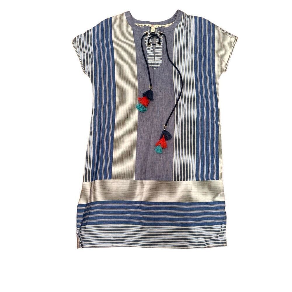 Vineyard Vines Linen Striped Tassel Shift Dress‎ in Dazzling Blue Sz 00 Womens - Picture 11 of 11